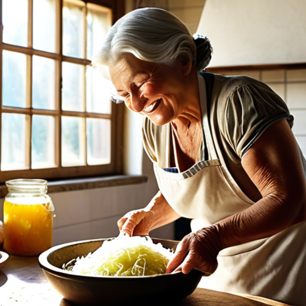 ** A rustic kitchen scene. An Italian grandmother in an apron smiles as she stirs a large crock of sauerkraut, sunlight streaming through a window. In the background, a modern chef plates a sophisticated dish featuring fermented vegetables, illustrating the old and new of fermentation.

**