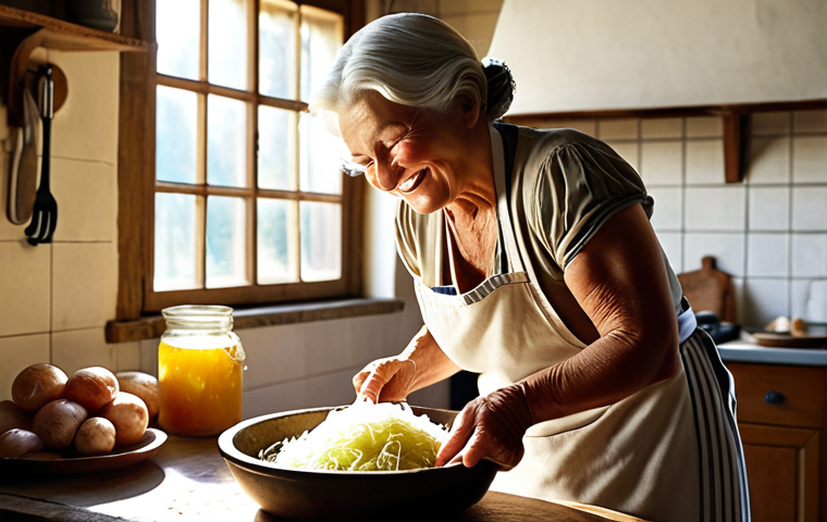** A rustic kitchen scene. An Italian grandmother in an apron smiles as she stirs a large crock of sauerkraut, sunlight streaming through a window. In the background, a modern chef plates a sophisticated dish featuring fermented vegetables, illustrating the old and new of fermentation.

**