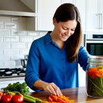 A female individual, fully clothed in modest, comfortable attire, gently placing sliced vegetables into a large, clear glass fermentation jar on a bright, clean kitchen counter. The kitchen is modern and well-lit by natural light, with soft diffused sunlight illuminating the scene. Surrounding items include fresh, vibrant produce and clean kitchen utensils. Focus on the hands and the jar. Perfect anatomy, correct proportions, natural pose, well-formed hands, proper finger count, natural body proportions. Safe for work, appropriate content, fully clothed, family-friendly, professional photography, high quality, realistic.
