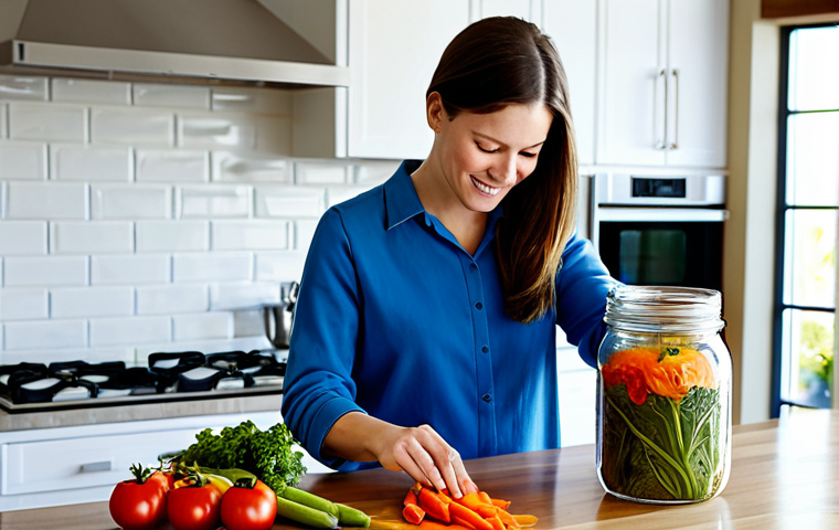 A female individual, fully clothed in modest, comfortable attire, gently placing sliced vegetables into a large, clear glass fermentation jar on a bright, clean kitchen counter. The kitchen is modern and well-lit by natural light, with soft diffused sunlight illuminating the scene. Surrounding items include fresh, vibrant produce and clean kitchen utensils. Focus on the hands and the jar. Perfect anatomy, correct proportions, natural pose, well-formed hands, proper finger count, natural body proportions. Safe for work, appropriate content, fully clothed, family-friendly, professional photography, high quality, realistic.