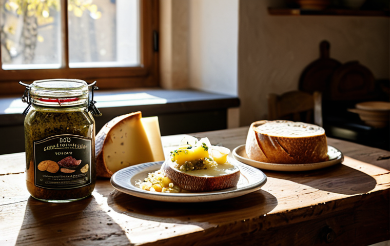 **

"A rustic Italian kitchen scene. On a wooden table, display various Italian fermented delicacies: aged Parmesan cheese, Prosciutto di Parma, artisanal sourdough bread, and a jar of homemade olive tapenade.  Sunlight streams through a window. Safe for work, appropriate content, fully clothed setting (no people depicted), professional food photography, perfect focus, high resolution, family-friendly."

**