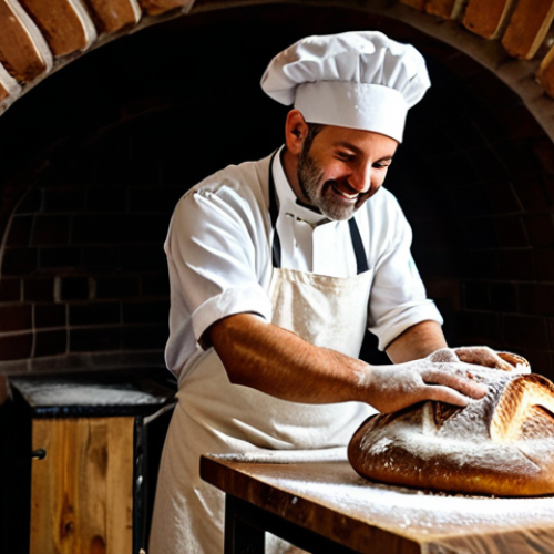 Artisan Baker with Sourdough Bread**

"A professional baker, mid-action, pulling a perfectly formed loaf of sourdough bread from a traditional wood-fired oven, flour dusting his apron, rustic Italian bakery setting, warm lighting, perfect anatomy, well-formed hands, proper finger count, fully clothed in appropriate baker's attire, safe for work, professional photography, high quality, family-friendly."

**