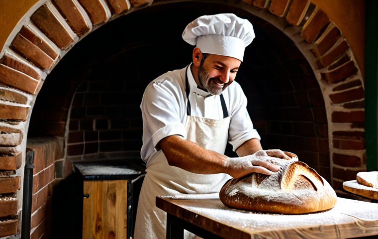 Artisan Baker with Sourdough Bread**

"A professional baker, mid-action, pulling a perfectly formed loaf of sourdough bread from a traditional wood-fired oven, flour dusting his apron, rustic Italian bakery setting, warm lighting, perfect anatomy, well-formed hands, proper finger count, fully clothed in appropriate baker's attire, safe for work, professional photography, high quality, family-friendly."

**